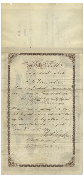 John D. Rockefeller Signed Stock Certificate for Standard Oil Trust -- Signed by Rockefeller as President in 1883